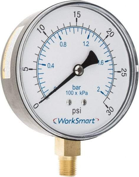 Value Collection - 3-1/2" Dial, 1/4 Thread, 0-30 Scale Range, Pressure Gauge - Lower Connection Mount, Accurate to 3-2-3% of Scale - All Tool & Supply