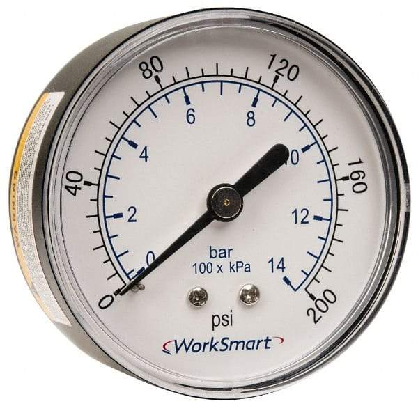 Value Collection - 2-1/2" Dial, 1/4 Thread, 0-200 Scale Range, Pressure Gauge - Center Back Connection Mount, Accurate to 3-2-3% of Scale - All Tool & Supply