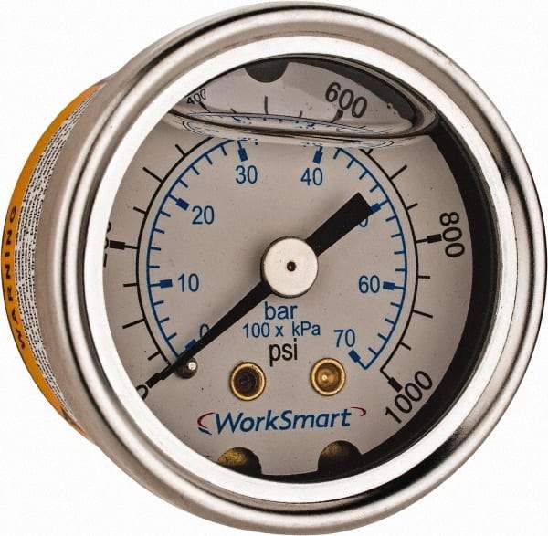 Value Collection - 1-1/2" Dial, 1/8 Thread, 0-1,000 Scale Range, Pressure Gauge - Center Back Connection Mount, Accurate to 3-2-3% of Scale - All Tool & Supply