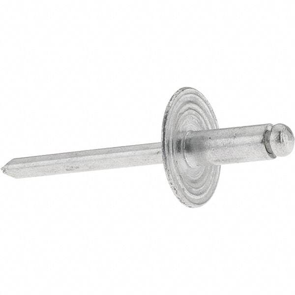 Value Collection - Size 64 Large Flange Dome Head Aluminum Open End Blind Rivet - Aluminum Mandrel, 0.062" to 1/4" Grip, 0.615" Head Diam, 0.192" to 0.196" Hole Diam, 0.45" Length Under Head, 3/16" Body Diam - All Tool & Supply