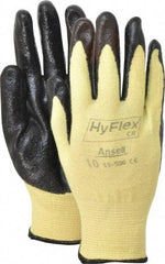 Ansell - Size XL (10), ANSI Cut Lvl 2, Abrasion Lvl 3, Nitrile Coated Cut Resistant Gloves - Palm & Fingers Coated, Kevlar Lining, Knit Wrist, Black/Yellow, Paired - All Tool & Supply