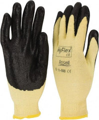 Ansell - Size M (8), ANSI Cut Lvl 2, Abrasion Lvl 3, Nitrile Coated Cut Resistant Gloves - Palm & Fingers Coated, Kevlar Lining, Knit Wrist, Black/Yellow, Paired - All Tool & Supply