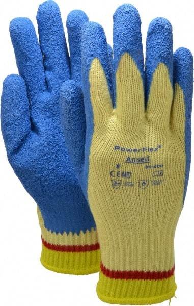 Ansell - Size M (8), ANSI Cut Lvl 2, Abrasion Lvl 4, Natural Rubber Latex Coated Cut Resistant Gloves - Palm & Fingers Coated, Kevlar Lining, Knit Wrist, Blue/Yellow, Paired - All Tool & Supply