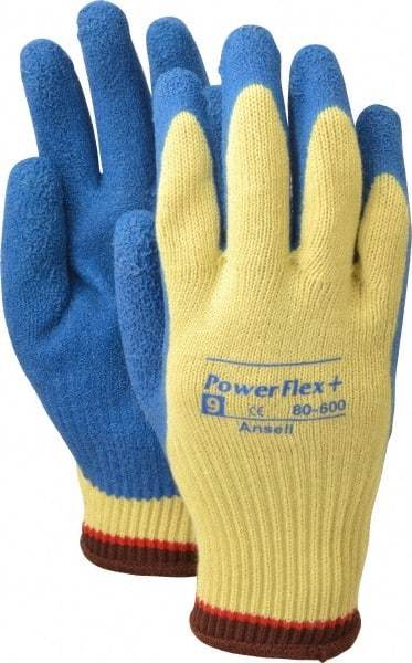 Ansell - Size L (9), ANSI Cut Lvl 2, Abrasion Lvl 4, Natural Rubber Latex Coated Cut Resistant Gloves - Palm & Fingers Coated, Kevlar Lining, Knit Wrist, Blue/Yellow, Paired - All Tool & Supply