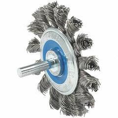 WALTER Surface Technologies - 2-3/4" OD, 1/4" Shank Diam, Knotted Stainless Steel Wheel Brush - 3/8" Face Width, 0.02" Filament Diam, 20,000 RPM - All Tool & Supply