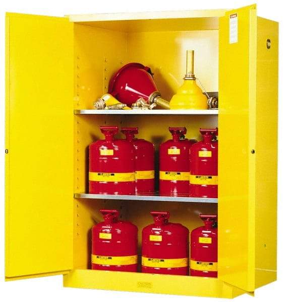 Justrite - 2 Door, 2 Shelf, Yellow Steel Standard Safety Cabinet for Flammable and Combustible Liquids - 65" High x 43" Wide x 34" Deep, Manual Closing Door, 3 Point Key Lock, 90 Gal Capacity - All Tool & Supply