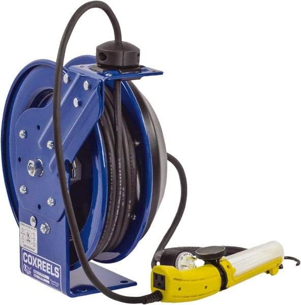 CoxReels - 16 AWG, 50' Cable Length, Cord & Cable Reel with Fluorescent Angle Light with Tool Tap Plug End - 1 Outlet, 13 Amps, 115 Volts, SJTO Cable, Blue Reel, Spring Driven Reel - All Tool & Supply