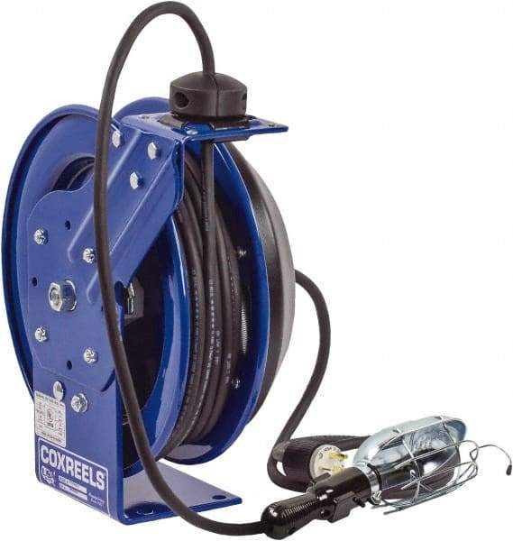 CoxReels - 16 AWG, 50' Cable Length, Cord & Cable Reel with Incandescent Hand Lamp with Tool Tap Plug End - 1 Outlet, NEMA 5-15R, 13 Amps, 115 Volts, SJTO Cable, Blue Reel, Spring Driven Reel - All Tool & Supply