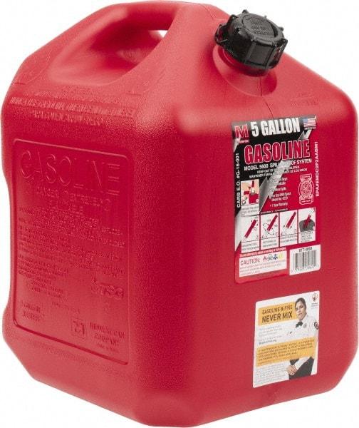 Made in USA - 5 Gal High Density Polyethylene Spill-Proof CARB Gas Can - 16" High x 10-3/4" Diam, Red - All Tool & Supply