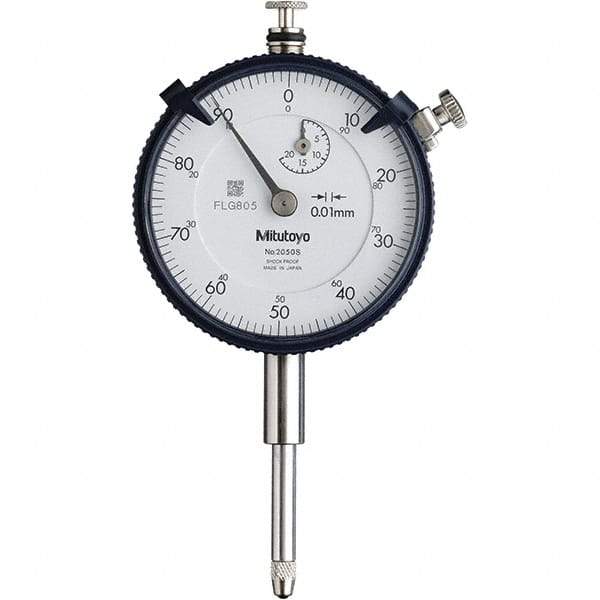 Mitutoyo - 20mm Range, 0-100 Dial Reading, 0.01mm Graduation Dial Drop Indicator - 57mm Dial, 1mm Range per Revolution, 0.2mm Accuracy, Revolution Counter - All Tool & Supply