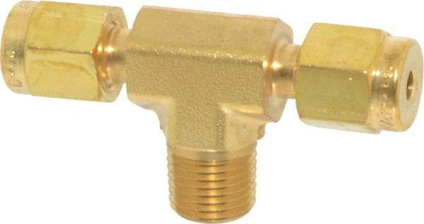 Parker - 1/8" OD, Brass Male Branch Tee - 3,600 Max Working psi, 7/16" Hex, Comp x Comp x MNPT Ends - All Tool & Supply