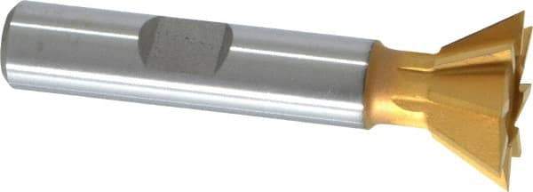 Made in USA - 3/4" Diam x 5/16" Width of Cut, 60° Included Angle, High Speed Steel Dovetail Cutter - 3/8" Shank Diam, 2-1/8" Overall Length, Weldon Flat, TiN Coated - All Tool & Supply