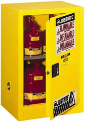 Justrite - 1 Door, 1 Shelf, Yellow Steel Space Saver Safety Cabinet for Flammable and Combustible Liquids - 35" High x 23-1/4" Wide x 18" Deep, Manual Closing Door, 12 Gal Capacity - All Tool & Supply