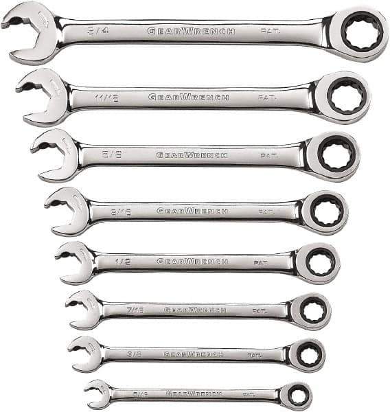 GearWrench - 8 Piece, 5/16" to 3/4", 12 Point Ratcheting Combination Wrench Set - Inch Measurement Standard, Chrome Finish - All Tool & Supply