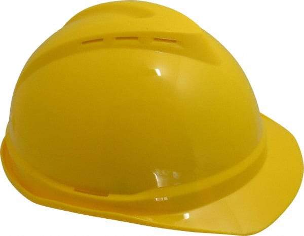 MSA - ANSI Type I, Class C Rated, 4-Point, Ratchet Adjustment Hard Hat - Size 6-1/2 to 8, Yellow, Standard Brim, Vented - All Tool & Supply