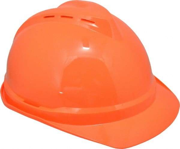 MSA - ANSI Type I, Class C Rated, 4-Point, Ratchet Adjustment Hard Hat - Size 6-1/2 to 8, Hi-Viz Orange, Standard Brim, Vented - All Tool & Supply