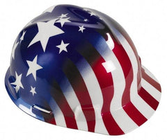 MSA - ANSI Type I, Class E Rated, 4-Point, Ratchet Adjustment Hard Hat - Size 6-1/2 to 8, Colored Graphics, Standard Brim, Stars & Stripes - All Tool & Supply