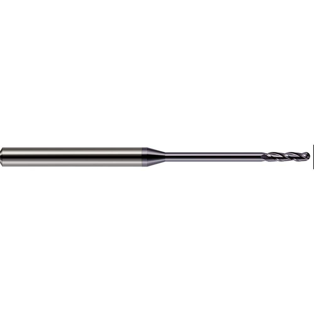 Ball End Mill: 0.055″ Dia, 0.385″ LOC, 3 Flute, Solid Carbide 2-1/2″ OAL, 1/8″ Shank Dia, 30 ° Helix, AlTiN Coated, Single End