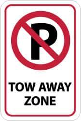 NMC - "Tow Away Zone", "Strike on P", 12" Wide x 18" High, Aluminum No Parking & Tow Away Signs - 0.08" Thick, Red & Black on White, High Intensity Reflectivity, Rectangle, Post Mount - All Tool & Supply