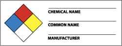 NMC - Hazardous Materials Label - Legend: Chemical Name ___ - Common Name ___ - Manufacturer ___, English, Black, Blue, Red, Yellow & White, 4" Long x 1-1/2" High, Sign Muscle Finish - All Tool & Supply