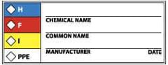 NMC - Hazardous Materials Label - Legend: H - F - I - PPE - Chemical Name ___ Common Name ___ Manufacturer ___ Date ___, English, Black, Blue, Red, Yellow & White, 4" Long x 1-1/2" High, Sign Muscle Finish - All Tool & Supply