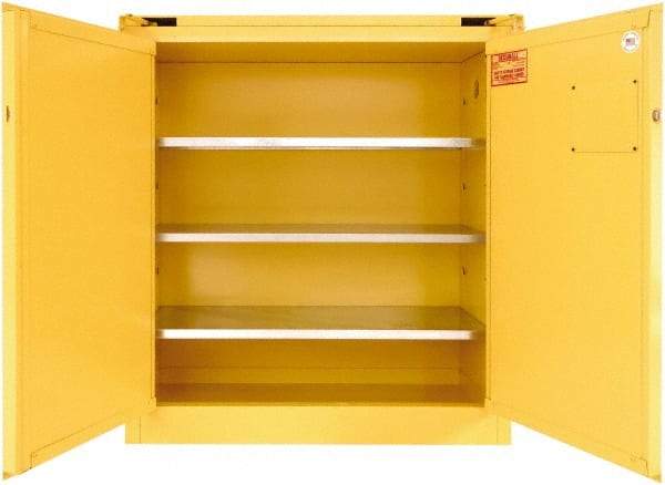 Securall Cabinets - 2 Door, 3 Shelf, Yellow Steel Standard Safety Cabinet for Flammable and Combustible Liquids - 46" High x 43" Wide x 18" Deep, Self Closing Door, 3 Point Key Lock, 40 Gal Capacity - All Tool & Supply