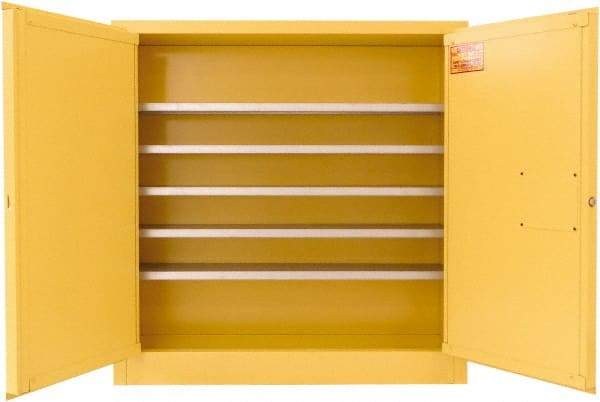 Securall Cabinets - 2 Door, 5 Shelf, Yellow Steel Wall Mount Safety Cabinet for Flammable and Combustible Liquids - 44" High x 43" Wide x 12" Deep, Manual Closing Door, 3 Point Key Lock, 24 Gal Capacity - All Tool & Supply