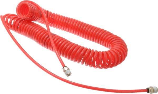 PRO-SOURCE - 0.16 ID, 1/4 Thread, 30' Long, Red Polyurethane Coiled & Self Storing Hose - 125 Max psi, Male Swivel x Male Swivel - All Tool & Supply