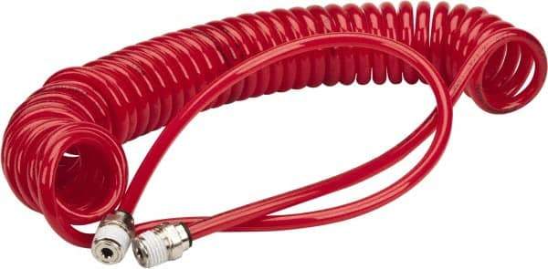 PRO-SOURCE - 0.16 ID, 1/4 Thread, 15' Long, Red Polyurethane Coiled & Self Storing Hose - 125 Max psi, Male Swivel x Male Swivel - All Tool & Supply