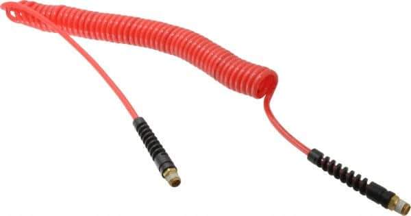 PRO-SOURCE - 3/16" ID, 1/4 Thread, 20' Long, Red Polyurethane Coiled & Self Storing Hose - 147 Max psi, Male Swivel x Male Swivel - All Tool & Supply