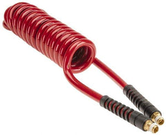 PRO-SOURCE - 3/8" ID, 1/4 Thread, 10' Long, Red Polyurethane Coiled & Self Storing Hose - 200 Max psi, Male Swivel x Male Swivel - All Tool & Supply