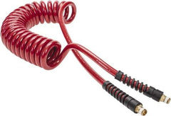 PRO-SOURCE - 3/8" ID, 1/4 Thread, 15' Long, Red Polyurethane Coiled & Self Storing Hose - 200 Max psi, Male Swivel x Male Swivel - All Tool & Supply