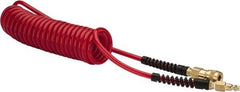 PRO-SOURCE - 1/4" ID, 1/4 Thread, 15' Long, Red Polyurethane Coiled & Self Storing Hose - Male Swivel x Male Swivel - All Tool & Supply