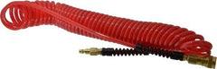 PRO-SOURCE - 1/4" ID, 1/4 Thread, 25' Long, Red Polyurethane Coiled & Self Storing Hose - Male Swivel x Male Swivel - All Tool & Supply