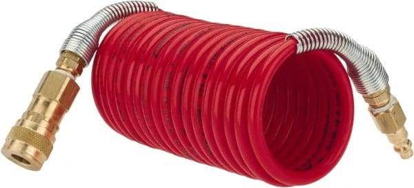 PRO-SOURCE - 1/4" ID, 1/4 Thread, 12' Long, Red Nylon Coiled & Self Storing Hose - 240 Max psi, Industrial Interchange Coupler x Plug - All Tool & Supply