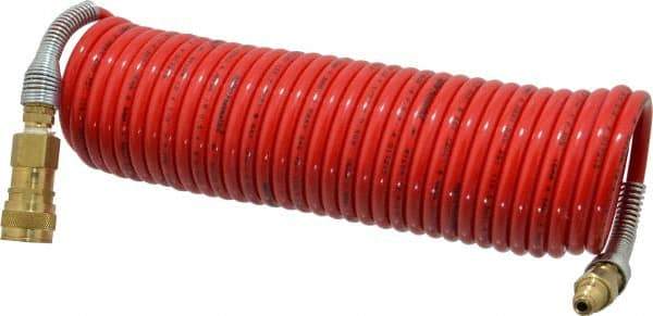 PRO-SOURCE - 1/4" ID, 1/4 Thread, 25' Long, Red Nylon Coiled & Self Storing Hose - 240 Max psi, Industrial Interchange Coupler x Plug - All Tool & Supply