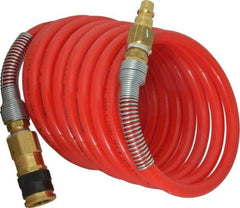 PRO-SOURCE - 3/8" ID, 3/8 Thread, 12' Long, Red Nylon Coiled & Self Storing Hose - 225 Max psi, Industrial Interchange Coupler x Plug - All Tool & Supply