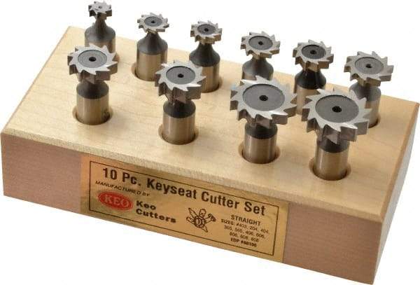 Keo - 3/8 to 1" Cutting Diam, Straight Tooth Configuration, Woodruff and Keyseat Cutter Set - 204 to 808 ANSI, High Speed Steel, 10 Pieces - All Tool & Supply