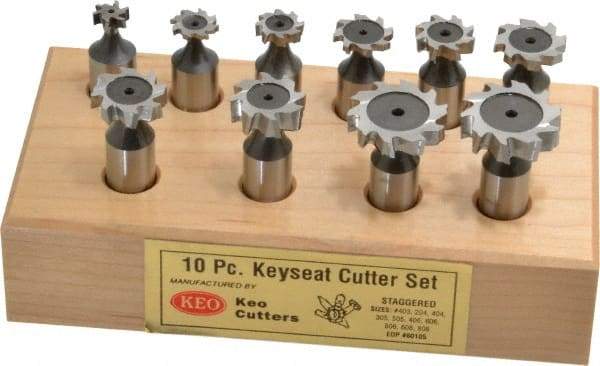 Keo - 1/2 to 1" Cutting Diam, Staggered Tooth Configuration, Woodruff and Keyseat Cutter Set - 204 to 808 ANSI, High Speed Steel, 10 Pieces - All Tool & Supply