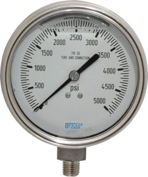 Wika - 4" Dial, 1/4 Thread, 0-5,000 Scale Range, Pressure Gauge - Lower Connection Mount, Accurate to 1% of Scale - All Tool & Supply