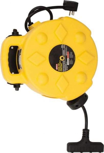 Bayco - 12 AWG, 50' Cable Length, Cord & Cable Reel with Outlet End - 4 Outlets, NEMA 5-15R, 15 Amps, SJTW Cable, Yellow Reel - All Tool & Supply