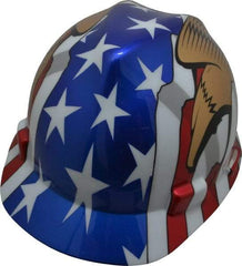 MSA - ANSI Type I, Class E Rated, 4-Point, Ratchet Adjustment Hard Hat - Size 6-1/2 to 8, Colored Graphics, Standard Brim, American Flag with Eagles - All Tool & Supply