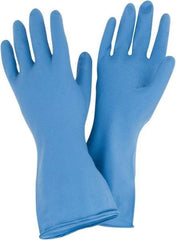 SHOWA - Size XS (6), 12" Long, 11 mil Thick, Nitrile Chemical Resistant Gloves - Textured Finish, Cotton Lined, Rolled Cuff, ANSI Abrasion Level 1, ANSI Puncture Level 1, Blue, FDA Approved - All Tool & Supply