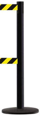 Tensator - 38-1/4" High, 2-1/2" Pole Diam, Tensabarrier Post - 13-1/2" Base Diam, Round ABS Plastic Base, Black 7-1/2" Tape, Dual Line Tape - All Tool & Supply