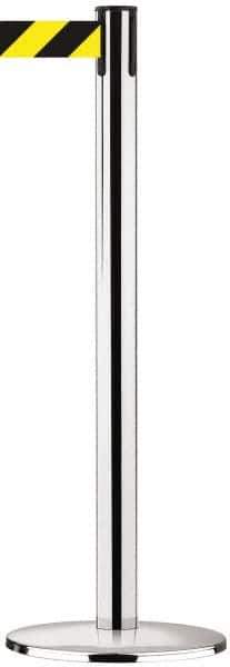 Tensator - 38-1/2" High, 2-1/2" Pole Diam, Tensabarrier Post - 13-1/2" Base Diam, Round Cast Iron with Pressed Steel Cover Base, Polished Chrome (Color) 7-1/2' Tape - All Tool & Supply