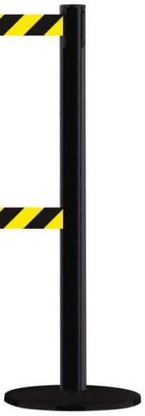 Tensator - 38-1/2" High, 2-1/2" Pole Diam, Tensabarrier Post - 13-1/2" Base Diam, Round Metal Base, Black 7-1/2' Tape, Dual Line Tape - All Tool & Supply