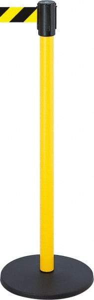 Tensator - 38-1/2" High, 2" Pole Diam, Tensabarrier Post - 13-1/2" Base Diam, Round Stainless Steel Base, Yellow 7-1/2' Tape - All Tool & Supply