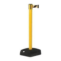 Tensator - 38-1/4" High, 2-1/2" Pole Diam, Tensabarrier Post - 19" Base Diam, UPVC Base, Yellow Plastic Post, 7-1/2' Tape, Single Line Tape, For Outdoor Use - All Tool & Supply