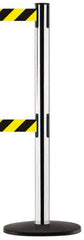 Tensator - 38-1/4" High, 2-1/2" Pole Diam, Tensabarrier Post - 13-1/2" Base Diam, Round ABS Plastic Base, Polished Chrome (Color) 7-1/2" Tape, Dual Line Tape - All Tool & Supply