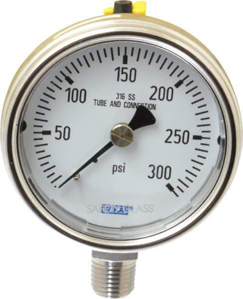 Wika - 2-1/2" Dial, 1/4 Thread, 0-300 Scale Range, Pressure Gauge - Lower Connection Mount, Accurate to 2-1-2% of Scale - All Tool & Supply